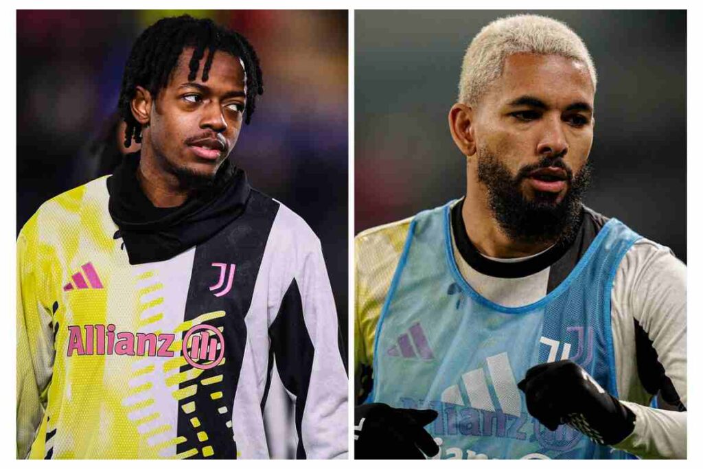Mbangula a sinistra e Douglas Luiz a destra con indosso gli abiti da allenamento della Juventus