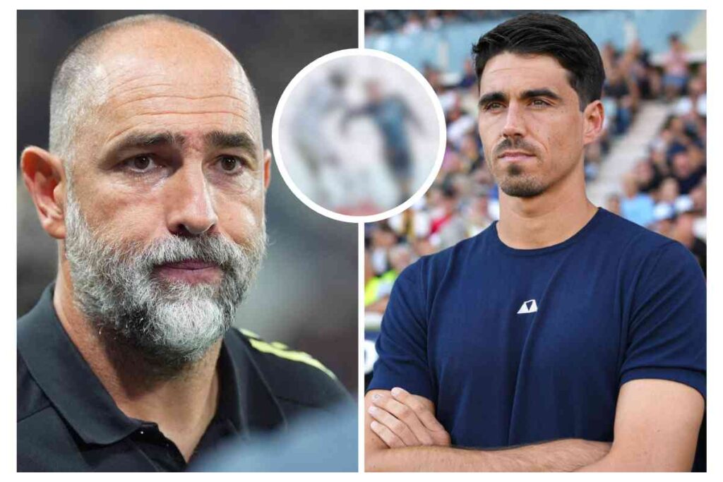 Tudor a sinistra e Cuesta a destra osservano pensierosi da bordo campo