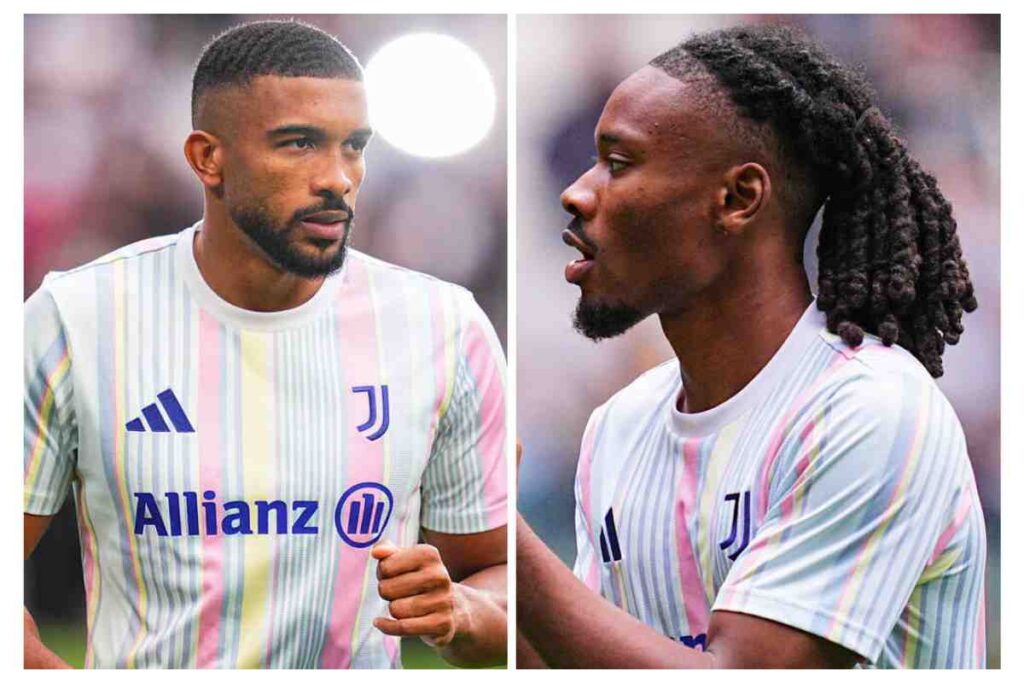 A sinistra Bremer e a destra Thuram con indosso gli abiti da riscaldamento della Juventus