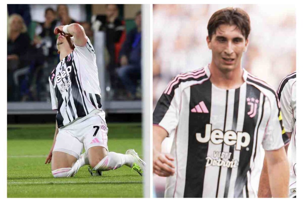 A sinistra Conceiçao disperato in ginocchio mentre a destra Miretti in campo con indosso la maglia della Juventus