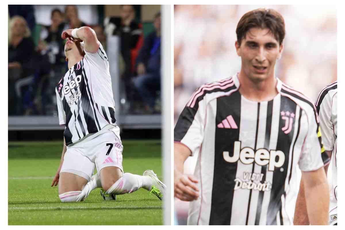 A sinistra Conceiçao disperato in ginocchio mentre a destra Miretti in campo con indosso la maglia della Juventus