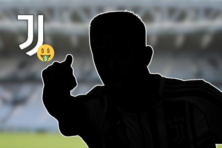 Grafica Juventus 2025/26 con silhouette di calciatore, logo bianconero ed emoji denaro, teaser su accordo che garantisce un incasso oltre 30 milioni.