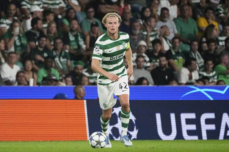 Morten Hjulmand nella partita di Champions League 2025 contro il Kairat Almaty