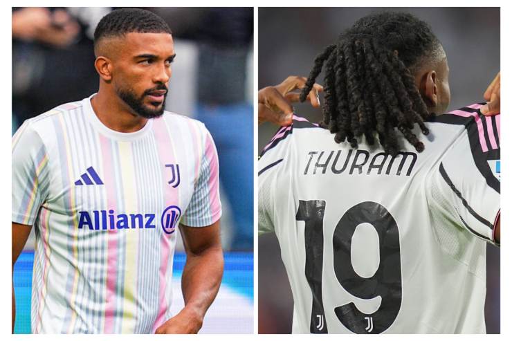 Bremer a sinistra nel riscaldamento pre partita e Thuram a destra mostra il cognome dopo un gol