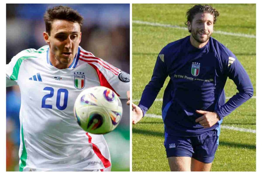 Andrea Cambiaso in maglia Italia n.20 in azione e Manuel Locatelli durante l’allenamento della Nazionale, vigilia delle qualificazioni Mondiali 2025.