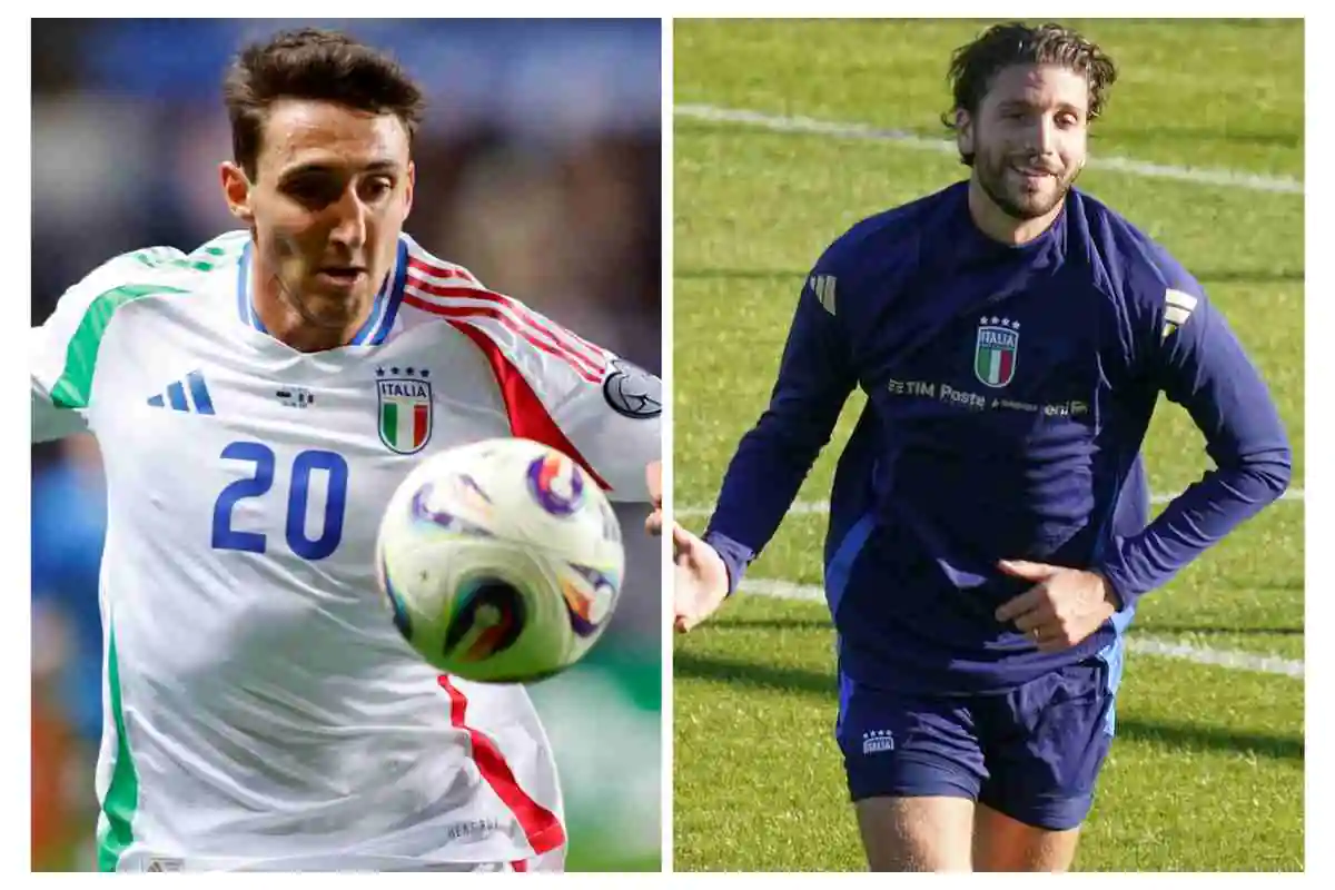 Andrea Cambiaso in maglia Italia n.20 in azione e Manuel Locatelli durante l’allenamento della Nazionale, vigilia delle qualificazioni Mondiali 2025.