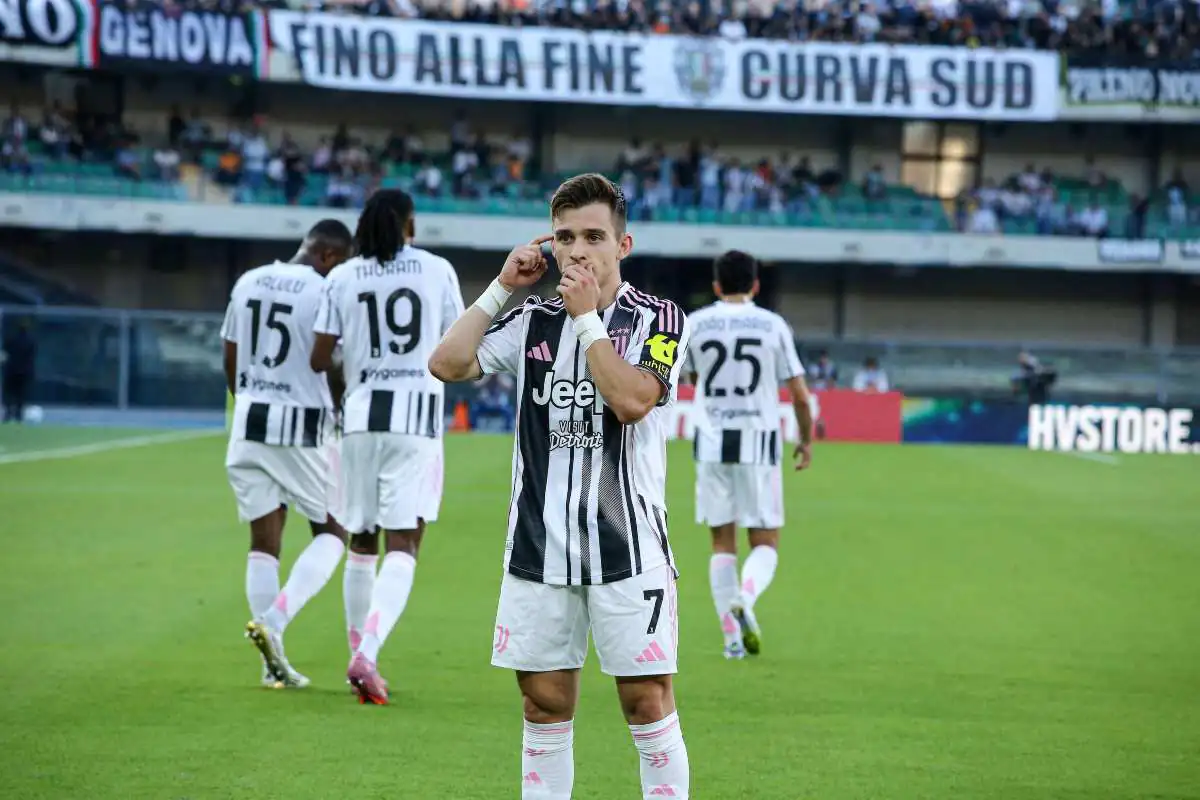 Francisco Conceicao, attaccante della Juventus, esulta dopo la rete realizzata contro il Verona