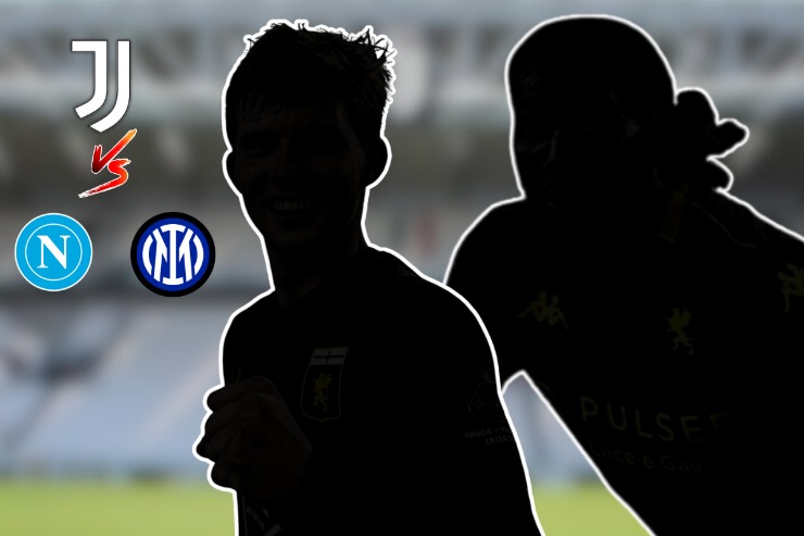 Grafica che mostra la sfida di mercato tra Juventus, Napoli e Inter per due giocatori del Genoa, stagione 2025.