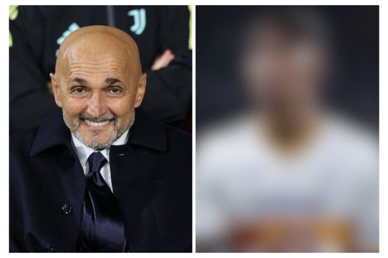 Luciano Spalletti in primo piano durante un evento calcistico del 2025, con accanto l’immagine sfocata di un calciatore non identificabile.