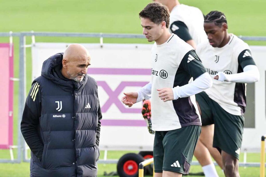 Yldiz, David e Spalletti durante l'allenamento della Juventus