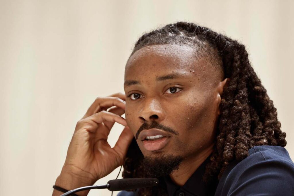 Kephren Thuram nel corso di una conferenza stampa alla vigilia di una sfida di Champions League