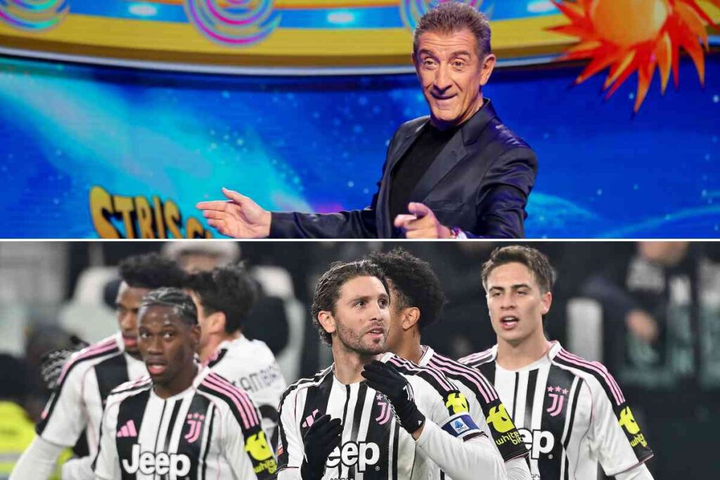 Collage che ritrae Ezio Greggio e i giocatori della Juventus