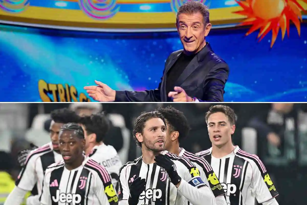 Collage che ritrae Ezio Greggio e i giocatori della Juventus