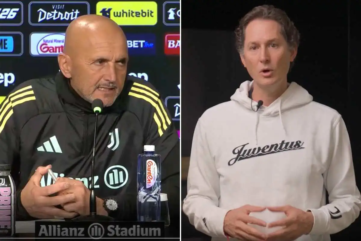 Collage che ritrae Luciano Spalletti e John Elkann che parlano della Juve