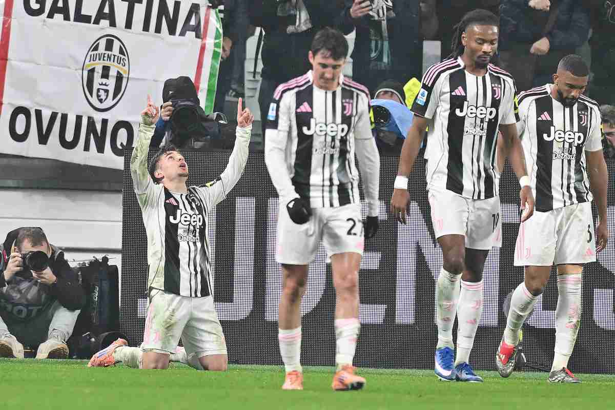Conceicao, Bremer, Thuram e Cambiaso festeggiano dopo la rete nel match tra Juventus e Roma