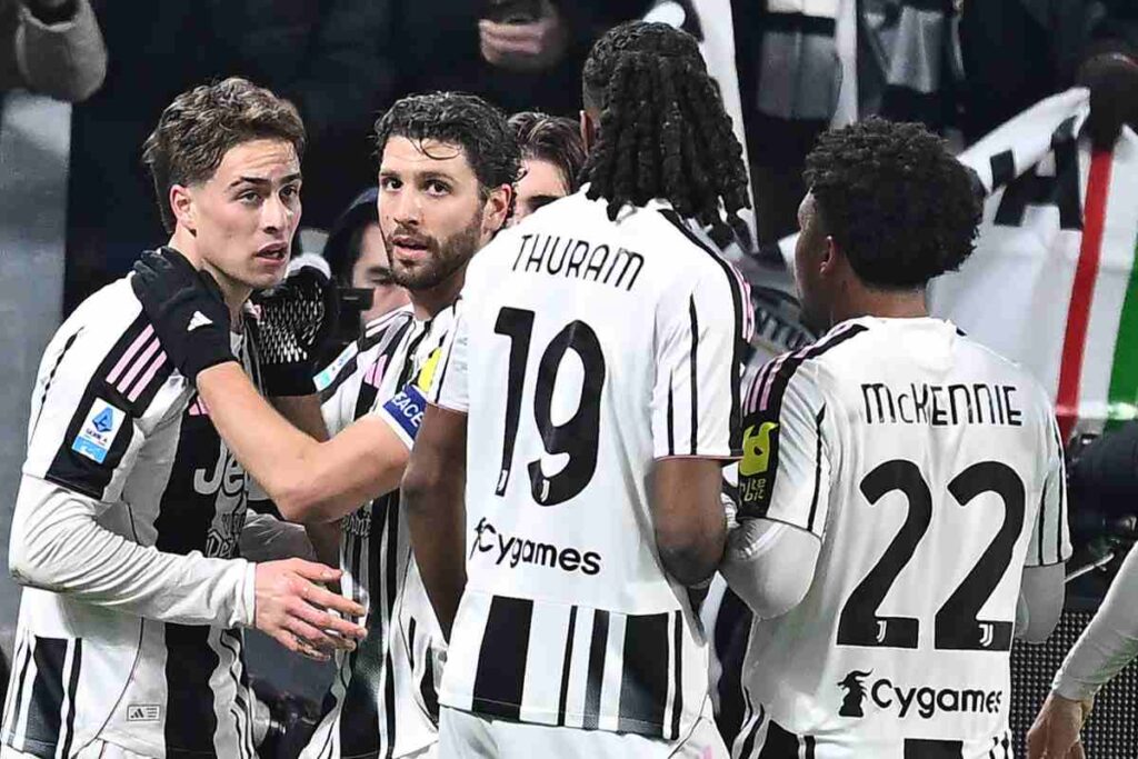 Esultanza della Juventus dopo un gol durante una partita di Serie A nel 2026, con protagonista il giocatore Kenan Yildiz (a sinistra).
