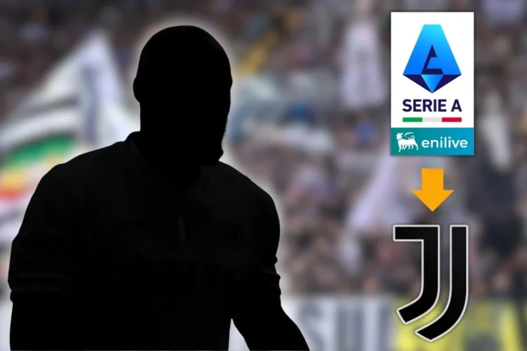 Silhouette di giocatore con logo Juventus e Serie A sullo sfondo dello stadio
