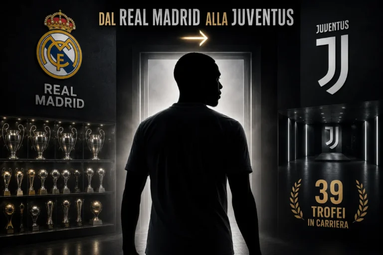Silhouette di calciatore del Real Madrid verso la Juventus, con trofei e stemmi sullo sfondo