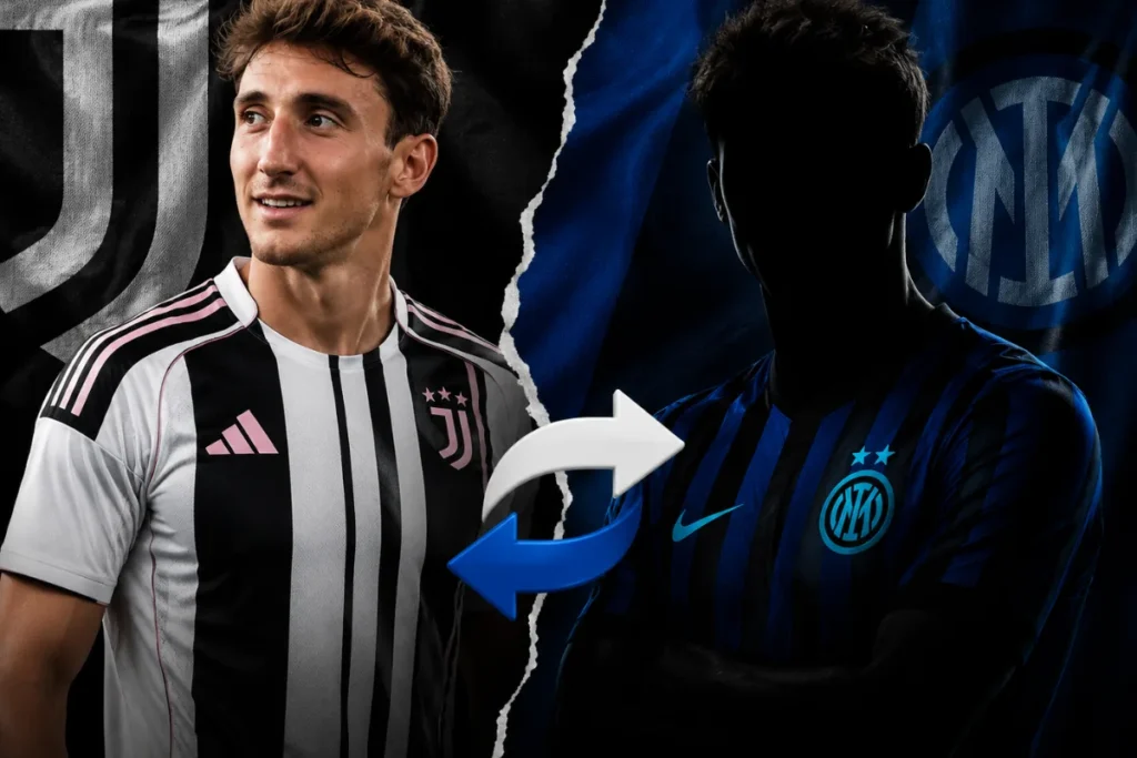 Andrea Cambiaso in maglia Juventus con freccia verso la maglia Inter in uno scenario di mercato