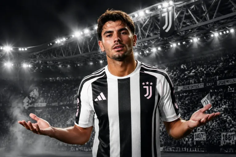 Brahim Díaz in maglia Juventus nello stadio dell'Allianz con gesto interrogativo