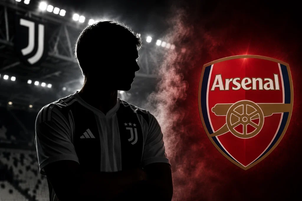 Giocatore della Juventus in maglia bianconera davanti allo stemma dell'Arsenal