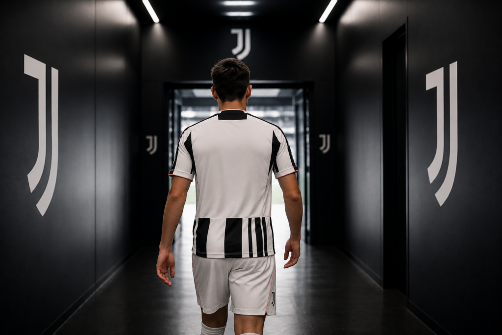 Giocatore della Juventus in maglia bianconera cammina nel tunnel dello stadio verso il campo