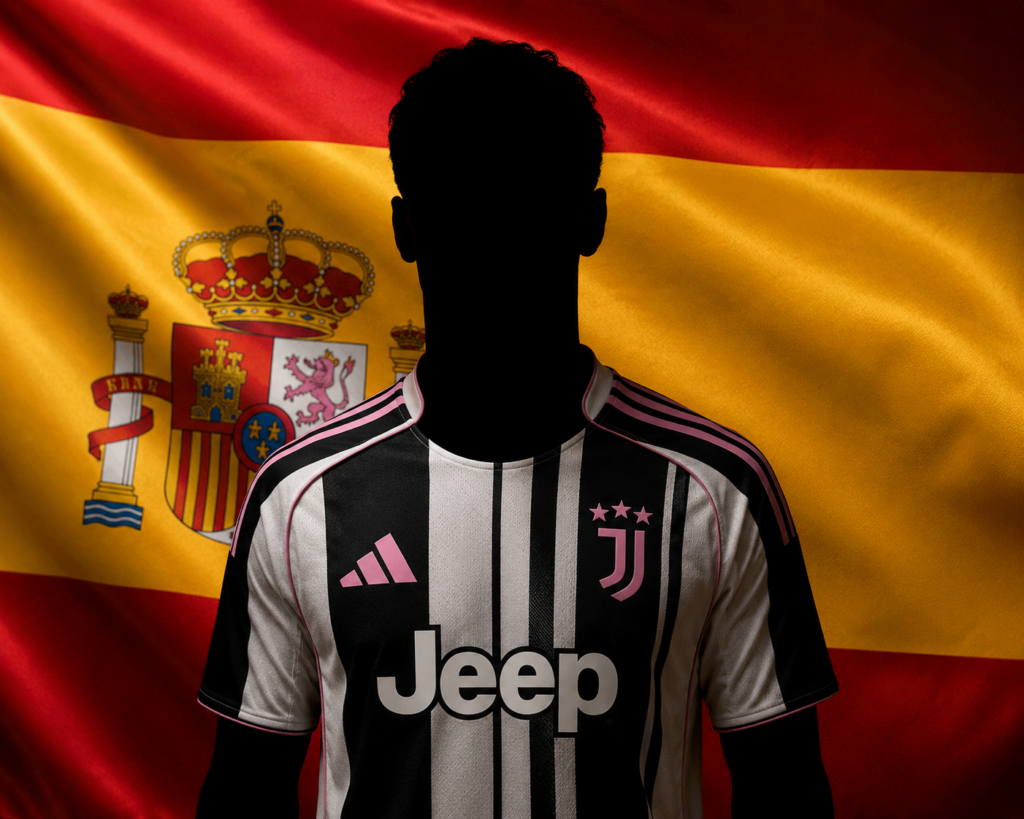 Grafica di un calciatore in maglia Juventus con sfondo bandiera spagnola, rappresentante Mingueza