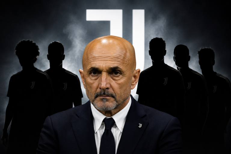 Allenatore Juventus in primo piano con espressione seria, giocatori in maglia bianconera sullo sfondo e numero 71 illuminato