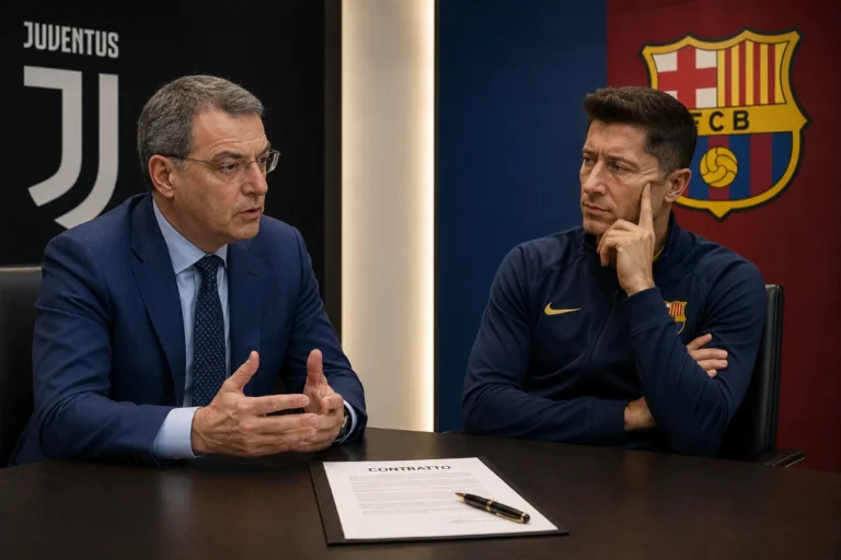 Due uomini in abiti formali seduti a un tavolo: uno con blazer blu parla gesticolando, l'altro indossa una tuta Barcelona e ascolta pensieroso