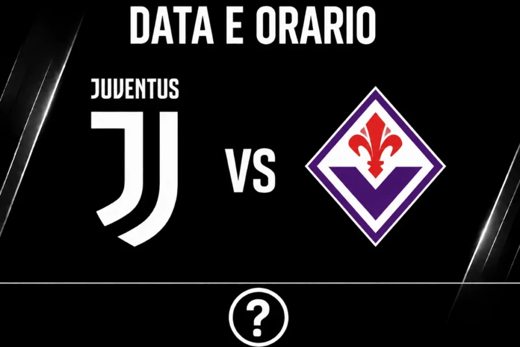 Grafica matchup Juventus vs Fiorentina con loghi squadre e punto interrogativo, sfondo nero