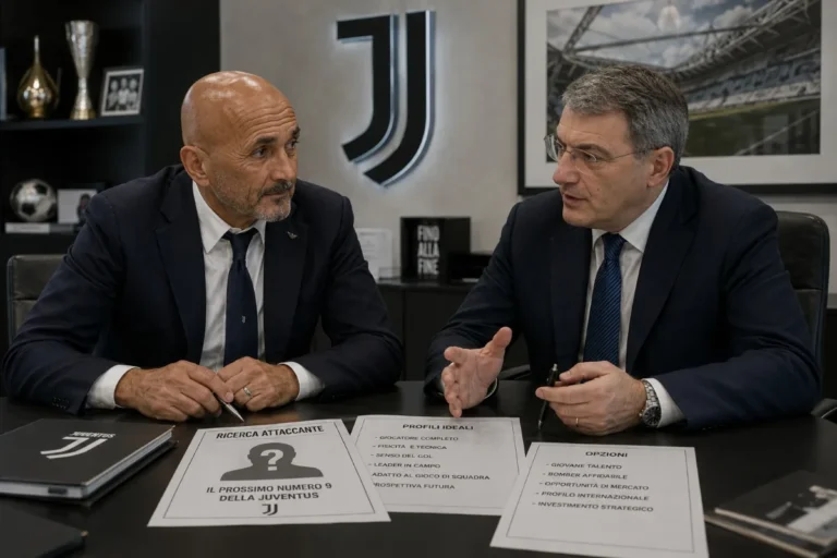 Due dirigenti della Juventus in riunione presso la sede, con documenti su attaccanti e profili calcistici sulla scrivania