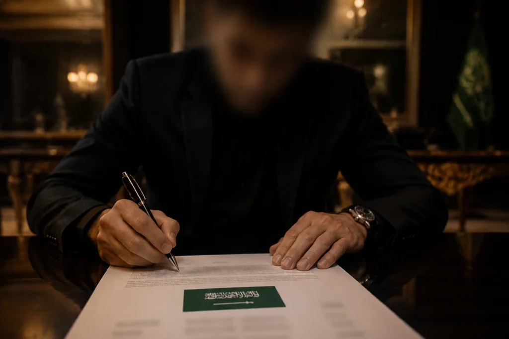 Uomo in giacca nera firma un documento ufficiale con stemma verde durante una riunione in ambiente elegante
