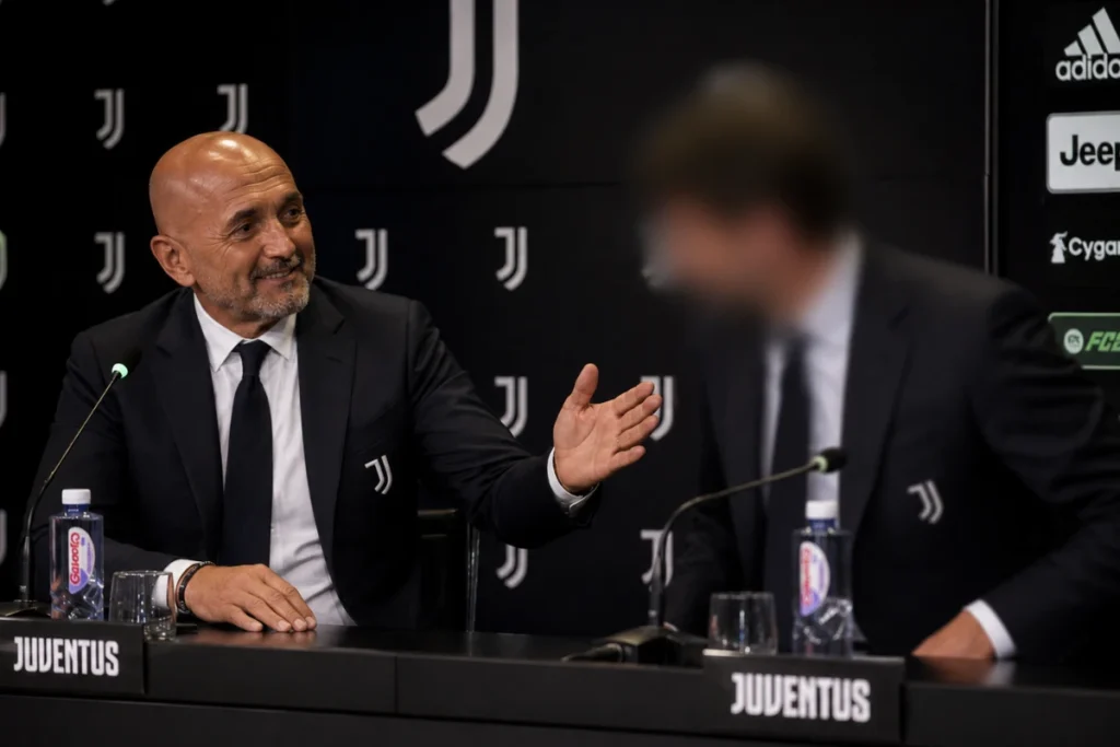 Allenatore Juventus durante conferenza stampa ufficiale al tavolo con microfono