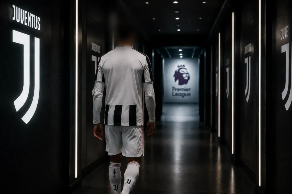 Giocatore della Juventus in divisa bianconera nel tunnel dello stadio, vista da dietro verso il Premier League