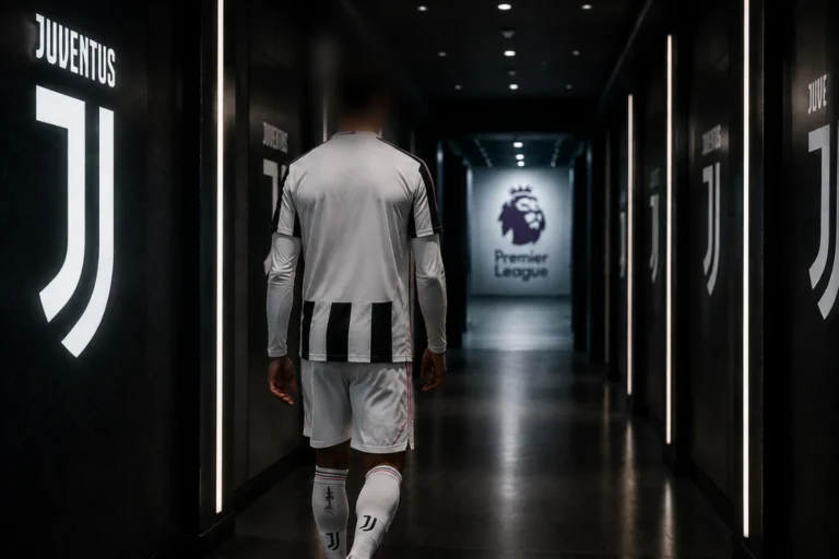 Giocatore della Juventus in divisa bianconera nel tunnel dello stadio, vista da dietro con logo Premier League sullo sfondo