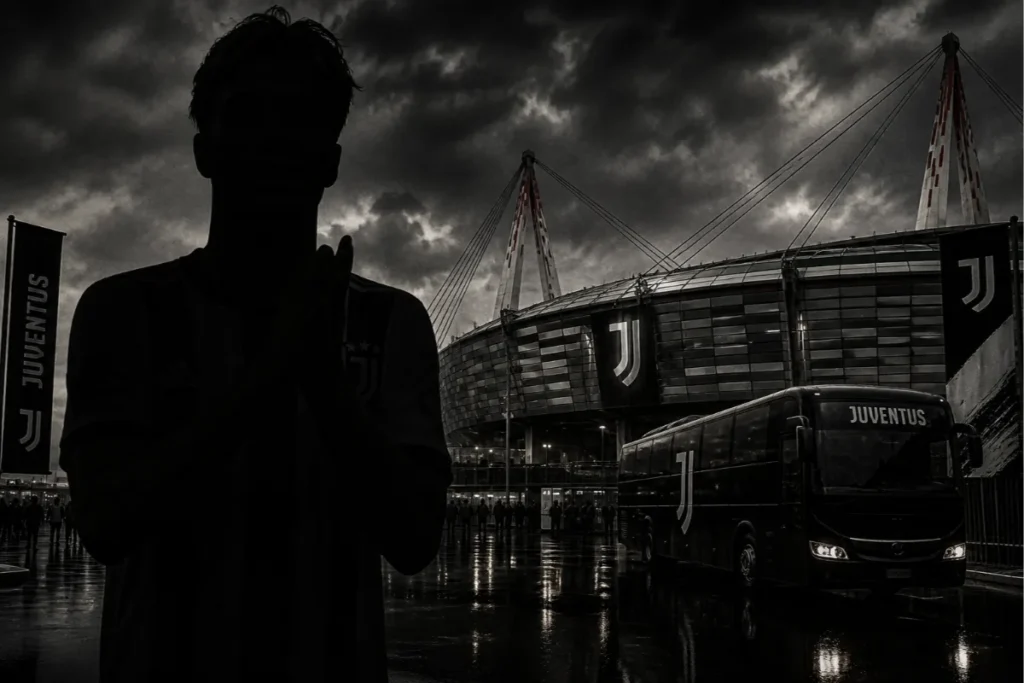 Silhouette di giocatore davanti allo stadio Juventus con bus della squadra, foto in bianco e nero
