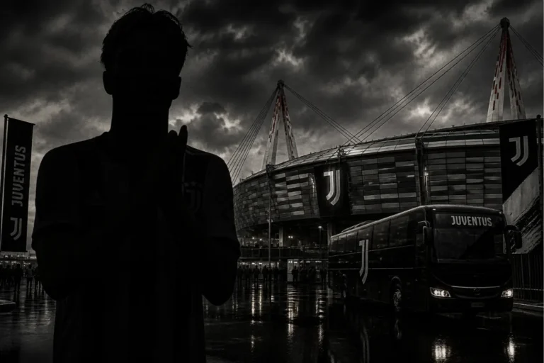 Silhouette di giocatore davanti allo stadio Juventus con bus della squadra, foto in bianco e nero
