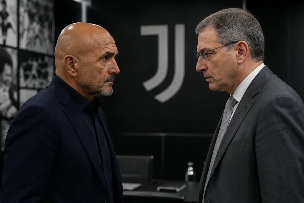 Luciano Spalletti e Comolli in colloquio presso la Juventus, sullo sfondo il logo bianconero