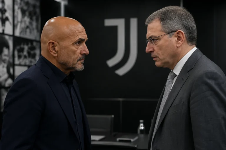 Luciano Spalletti e Comolli in colloquio presso la Juventus, sullo sfondo il logo bianconero
