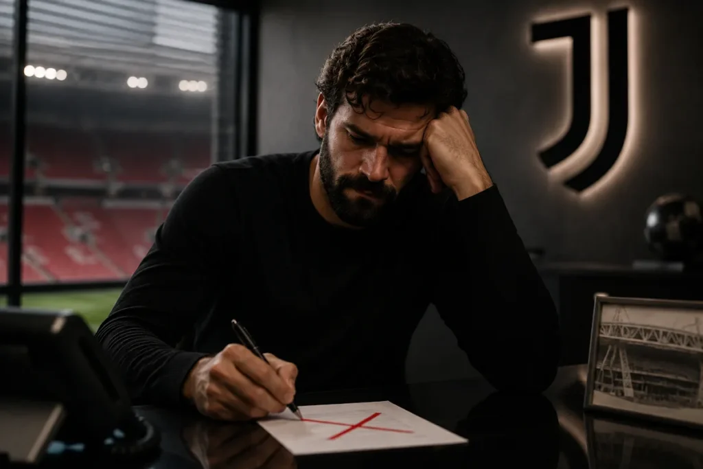 Alisson davanti a un contratto, sullo sfondo lo stadio