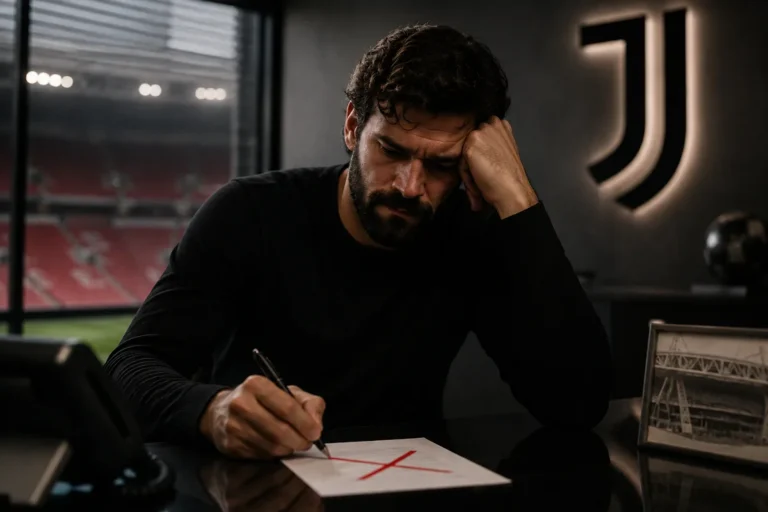 Alisson davanti a un contratto, sullo sfondo lo stadio