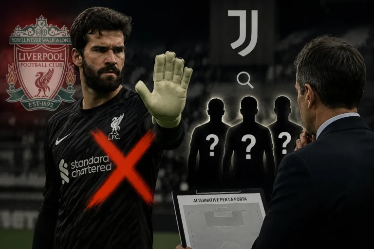 Alisson portiere Liverpool con maglia nera a confronto con logo Juventus e silhouette di alternative per la porta
