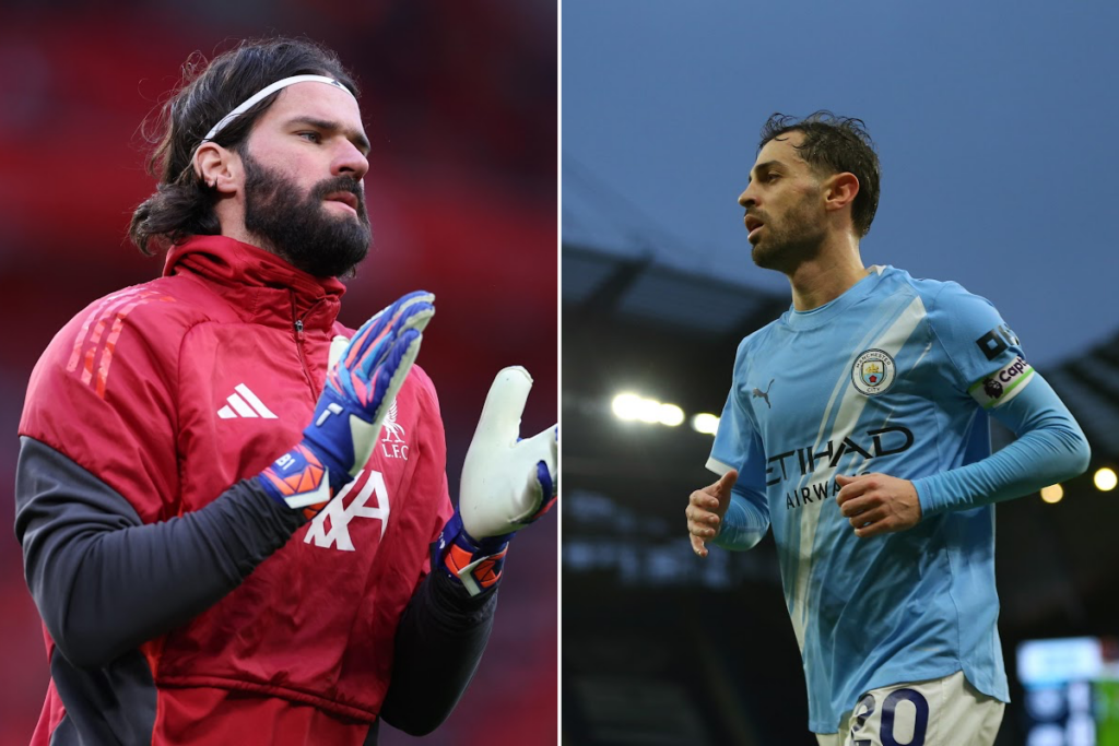 Alisson portiere con fascia bianca e guantoni blu durante il riscaldamento pre-gara