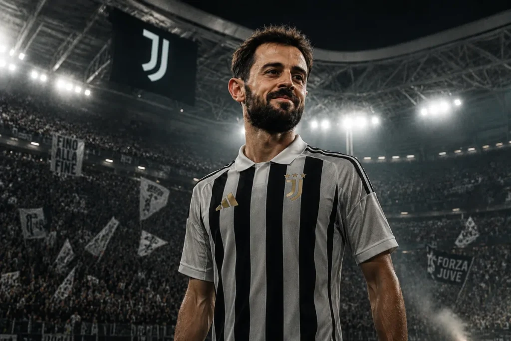 Bernardo Silva in maglia Juventus nello stadio, primo piano durante il match