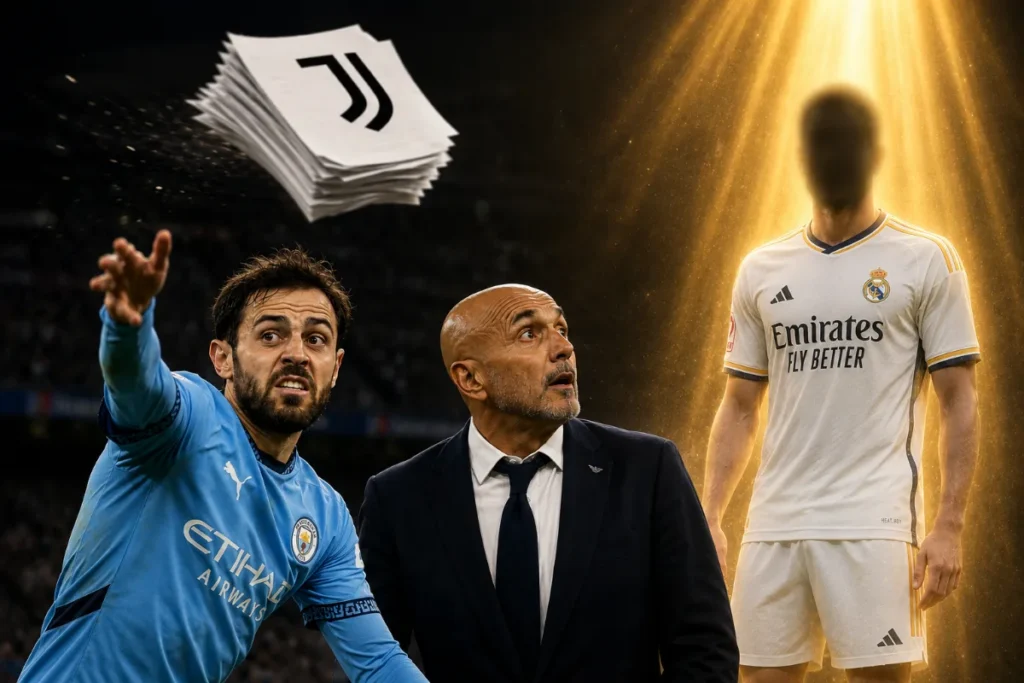 Bernardo Silva in maglia Manchester City, Luciano Spalletti in abito e calciatore Real Madrid in maglia bianca