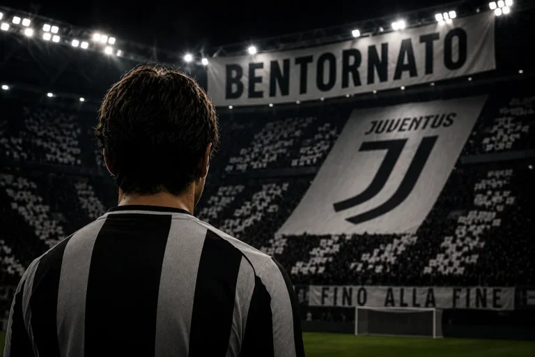 Giocatore della Juventus di spalle con maglia bianconera nello stadio Allianz, striscione 'Bentornato' sullo sfondo