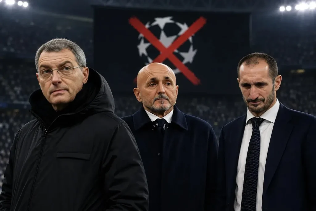 Tre dirigenti della Juventus in tribuna durante una partita di Champions League con logo sullo sfondo