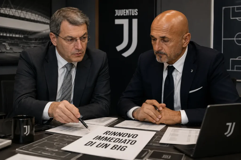 Comolli e Spalletti in riunione di lavoro alla Juventus con documenti