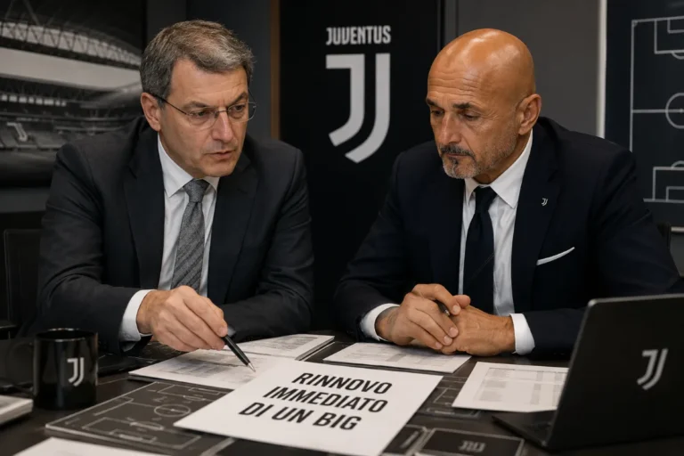Comolli e Spalletti in riunione di lavoro alla Juventus con documenti e laptop