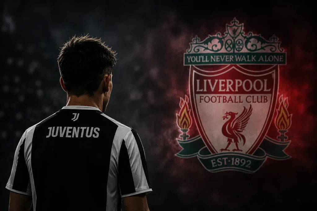 Giocatore Juventus di spalle con maglia bianconera, logo Liverpool sullo sfondo